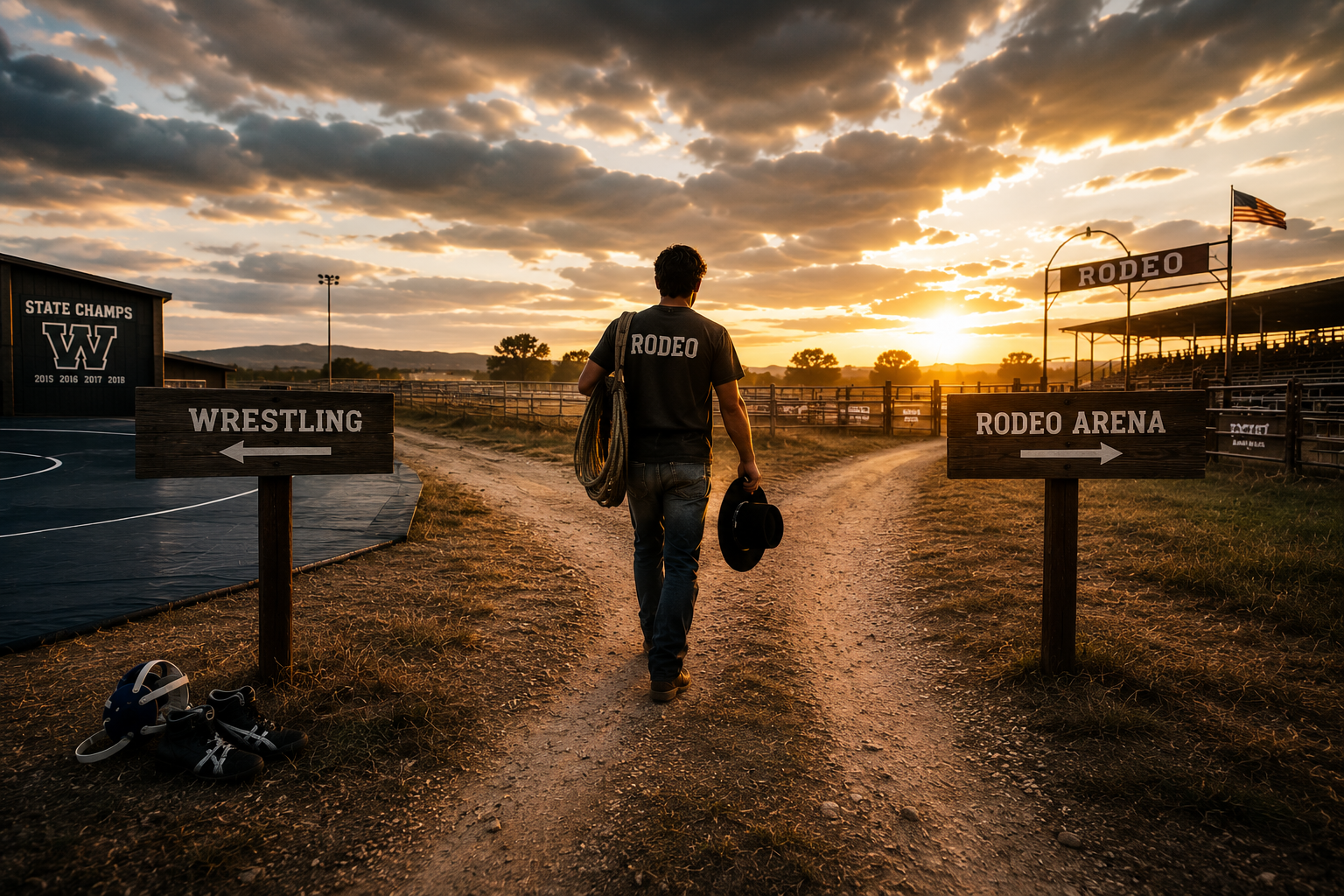 Travis at a crossroads at sunset — wrestling gear on one side, rodeo arena on the other